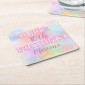 ピンクバルーンレインボーバースデーパーティー スクエアペーパーコースター (アングル)