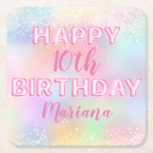ピンクバルーンレインボーバースデーパーティー スクエアペーパーコースター (正面)