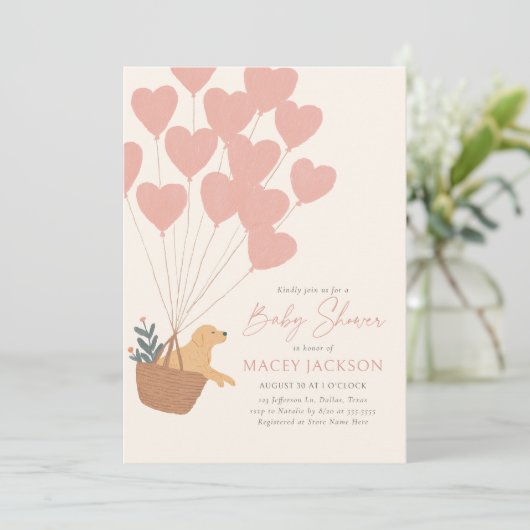 ピンクバルーン付きゴールデンレトリバー赤ちゃんシャワー 招待状 (スタンド正面)