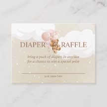 ピンクバルーン付きテディベアおむつラッフルカード