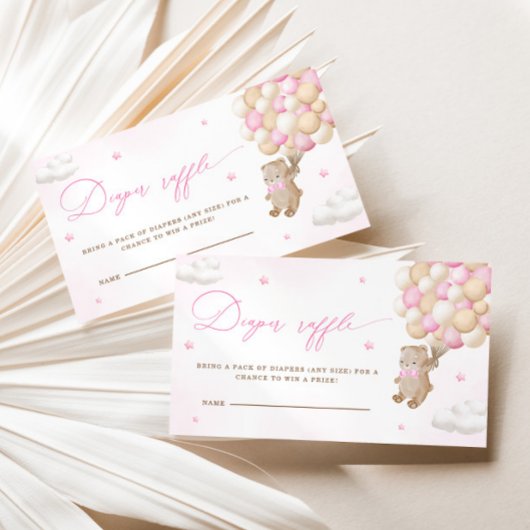 ピンクバルーン付きテディベアおむつラッフル エンクロージャーカード