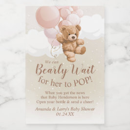 ピンクバルーン付きテディベアミニワインラベル ワインラベル