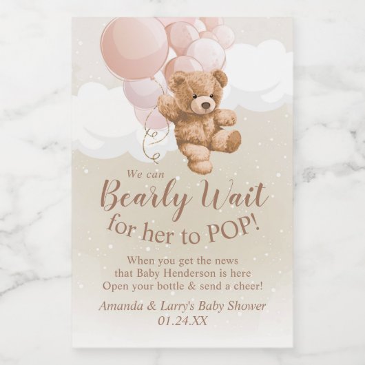 ピンクバルーン付きテディベアミニワインラベル ワインラベル (シングルラベル)