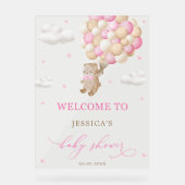 ピンクバルーン付きテディベア赤ちゃんシャワーへようこそ アクリルサイン (正面)