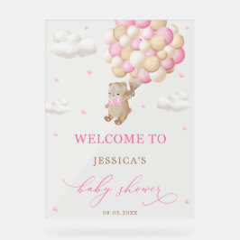 ピンクバルーン付きテディベア赤ちゃんシャワーへようこそ アクリルサイン