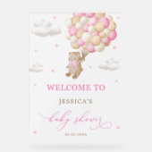 ピンクバルーン付きテディベア赤ちゃんシャワーへようこそ アクリルサイン (正面)