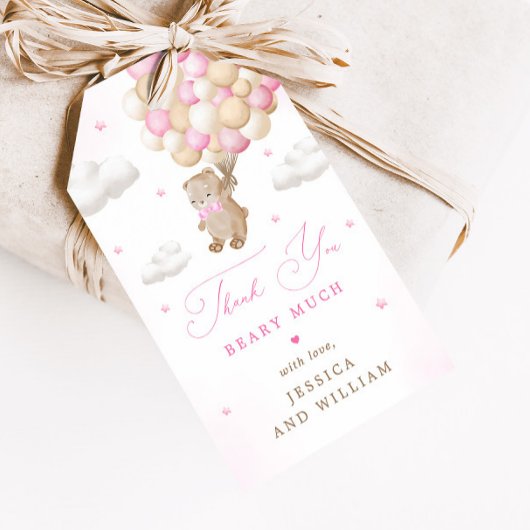 ピンクバルーン付きテディベア赤ちゃんシャワー ギフトタグ