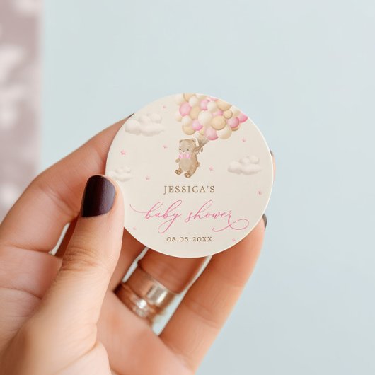 ピンクバルーン付きテディベア赤ちゃんシャワー ラウンドシール