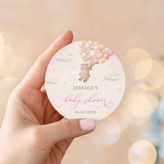 ピンクバルーン付きテディベア赤ちゃんシャワー ラウンドシール