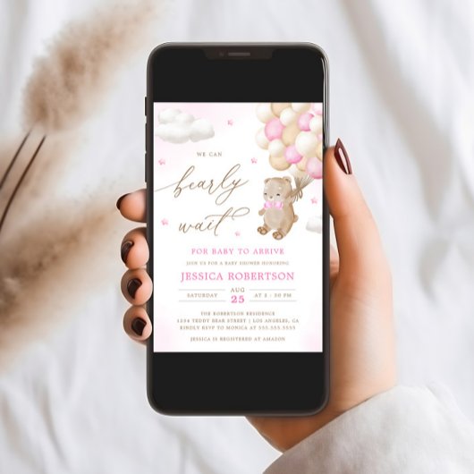 ピンクバルーン付きテディベア赤ちゃんシャワー 招待状
