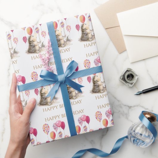 ピンクバルーン付きハリネズミハッピーバースデー ラッピングペーパー (ギフト)