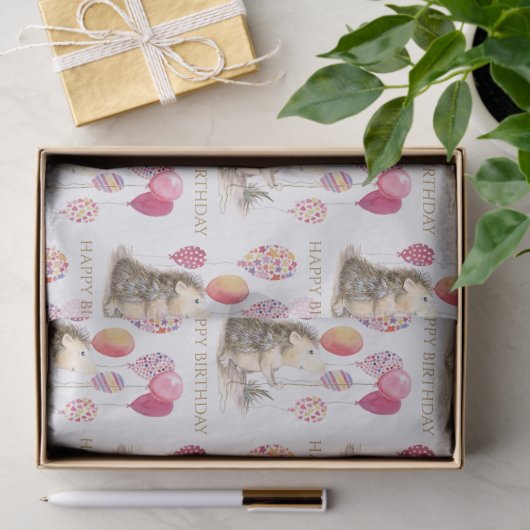 ピンクバルーン付きハリネズミハッピーバースデー 薄葉紙 (ギフト)