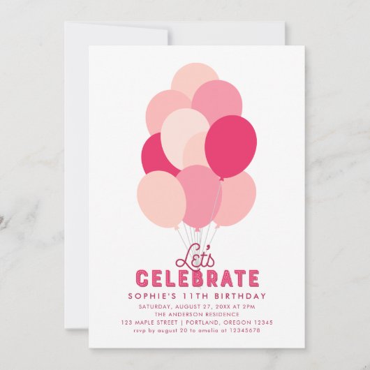 ピンクバルーン任意の年齢の誕生日パーティーの招待 招待状 (正面)