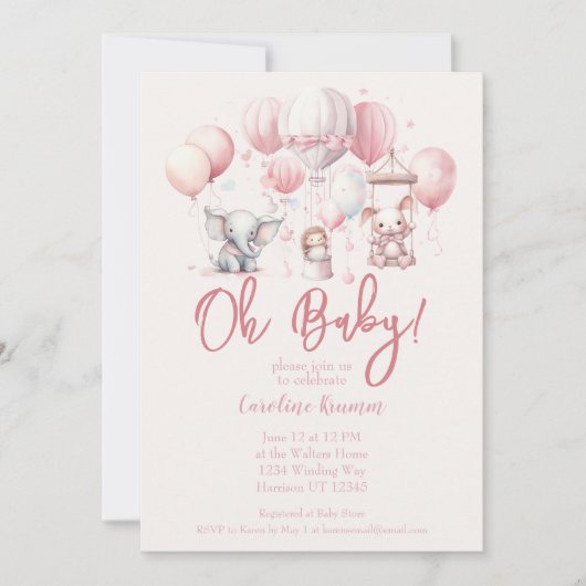 ピンクバルーン動物の赤ちゃんシャワー 招待状 (正面)