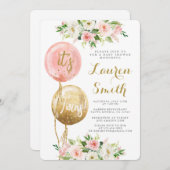 ピンクバルーン双子の赤ちゃんシャワー女の子 招待状 (正面/裏面)