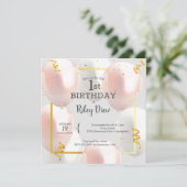 ピンクバルーン女の子の1歳の誕生日 招待状 (スタンド正面)