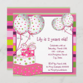 ピンクバルーン女の子ピンクと緑の誕生日パーティー 招待状 (正面/裏面)