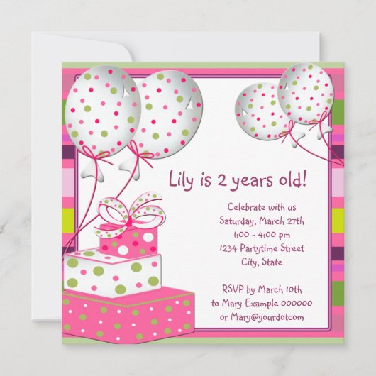 ピンクバルーン女の子ピンクと緑の誕生日パーティー 招待状 (正面)