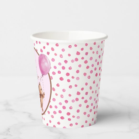 ピンクバルーン水玉模様テディベア赤ちゃんシャワー 紙コップ (左)