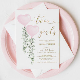 ピンクバルーン緑ツインガールズスウィートアートベビー 招待状