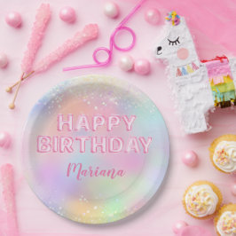 ピンクバルーン虹色の誕生日パーティー ペーパープレート