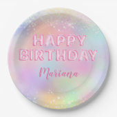 ピンクバルーン虹色の誕生日パーティー ペーパープレート (正面)