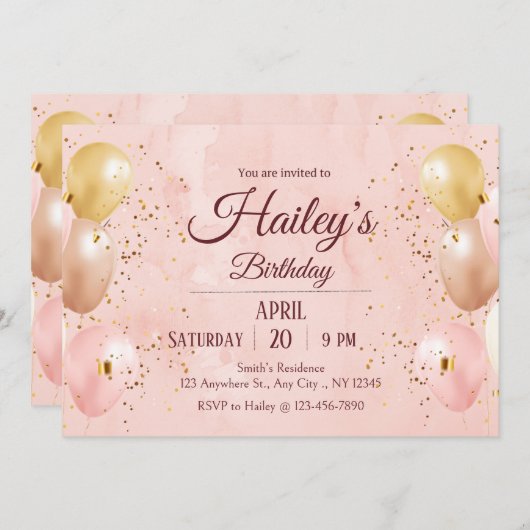 ピンクバルーン誕生日パーティーへの招待 招待状 (正面/裏面)