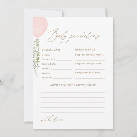 ピンクバルーン赤ちゃんシャワー予測とアドバイス 招待状 (正面)