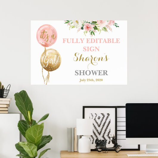 ピンクバルーン赤ちゃんシャワー女の子のサイン ポスター (ホームオフィス)