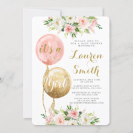 ピンクバルーン赤ちゃんシャワー女の子招待状 招待状