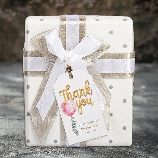 ピンクバルーン金ゴールドスクリプトベビーシャワーありがとうラベル ギフトタグ