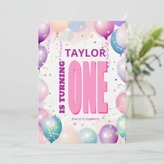 ピンクバルーン1番目の回転誕生日 招待状 (スタンド正面)