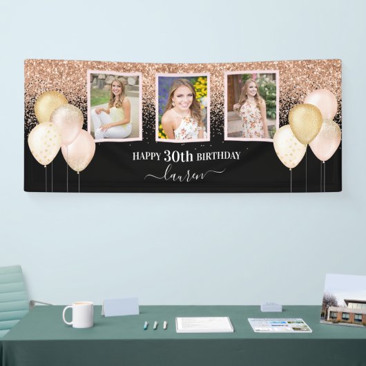 ピンクバルーン3枚30thブラック誕生日 横断幕 (トレードショー)