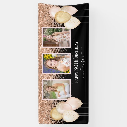 ピンクバルーン3枚30thブラック誕生日 横断幕 (縦)