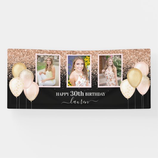 ピンクバルーン3枚30thブラック誕生日 横断幕 (横)