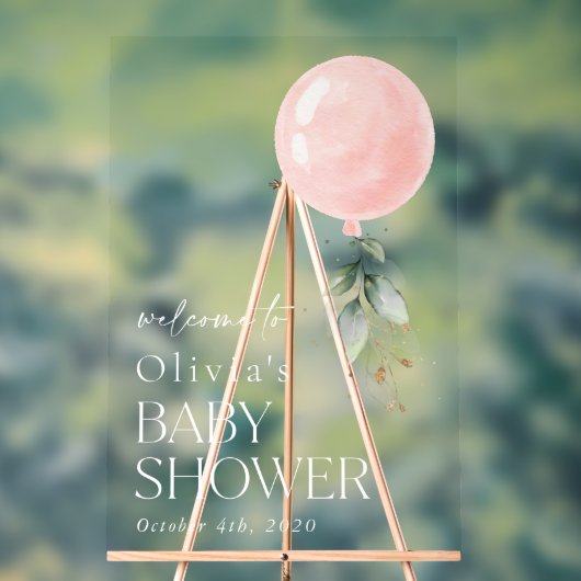 ピンクバルーン、ユーカリ、ベビーシャワーへようこそ アクリルサイン (ニュートラル)