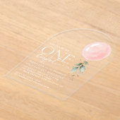 ピンクバルーン，ユーカリ，緑，第1誕生日 アクリル招待状 (レイダウン)