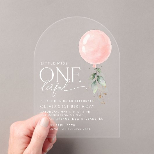 ピンクバルーン，ユーカリ，緑，第1誕生日 アクリル招待状 (インサイチュ (ポータブル))