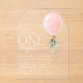 ピンクバルーン，ユーカリ，緑，第1誕生日 アクリル招待状 (正面)