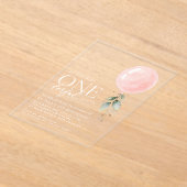 ピンクバルーン，ユーカリ，緑，第1誕生日 アクリル招待状 (レイダウン)