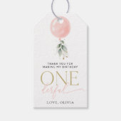 ピンクバルーン，ユーカリ，緑，第1誕生日 ギフトタグ (正面)