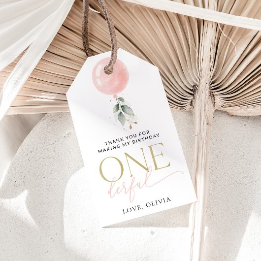 ピンクバルーン，ユーカリ，緑，第1誕生日 ギフトタグ