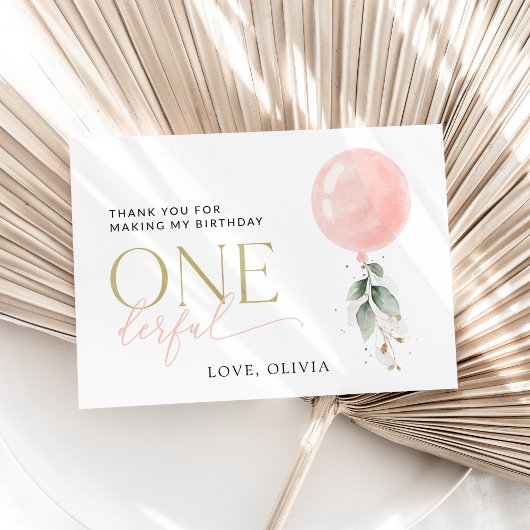 ピンクバルーン,ユーカリ,緑,第1誕生日 サンキューカード