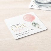 ピンクバルーン,ユーカリ,緑,第1誕生日 スクエアペーパーコースター (アングル)