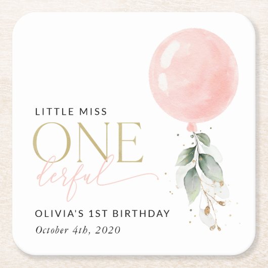 ピンクバルーン,ユーカリ,緑,第1誕生日 スクエアペーパーコースター (正面)