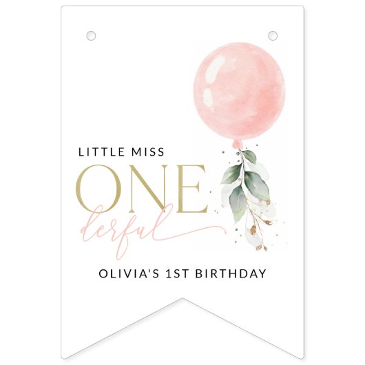 ピンクバルーン,ユーカリ,緑,第1誕生日 バンティングフラッグ (第1の旗)