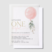 ピンクバルーン，ユーカリ，緑，第1誕生日 ベラム紙招待状 (オフセット)