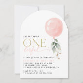 ピンクバルーン，ユーカリ，緑，第1誕生日 招待状 (正面)