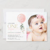 ピンクバルーン，ユーカリ，緑，第1誕生日 招待状 (正面)