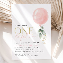 ピンクバルーン，ユーカリ，緑，第1誕生日 招待状